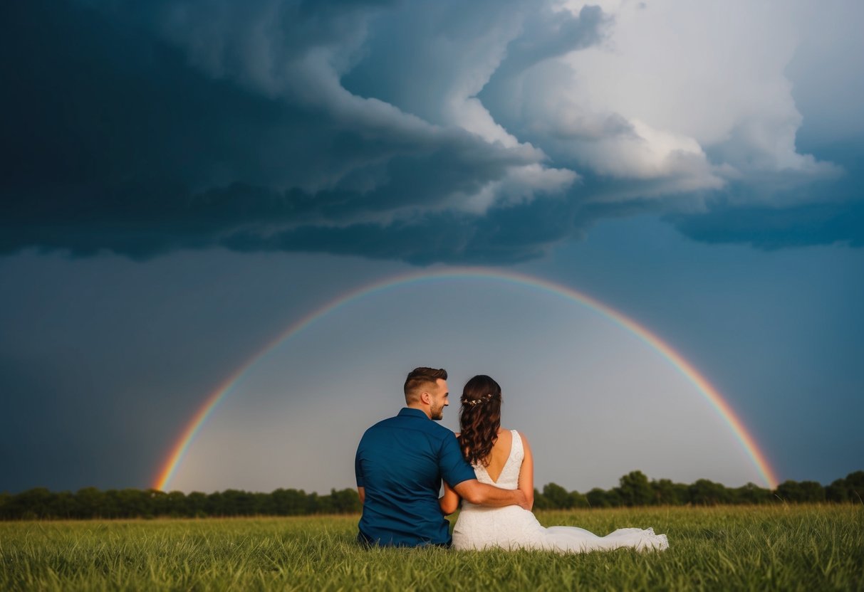 A couple sitting back to back, surrounded by storm clouds and lightning, but with a rainbow breaking through the darkness