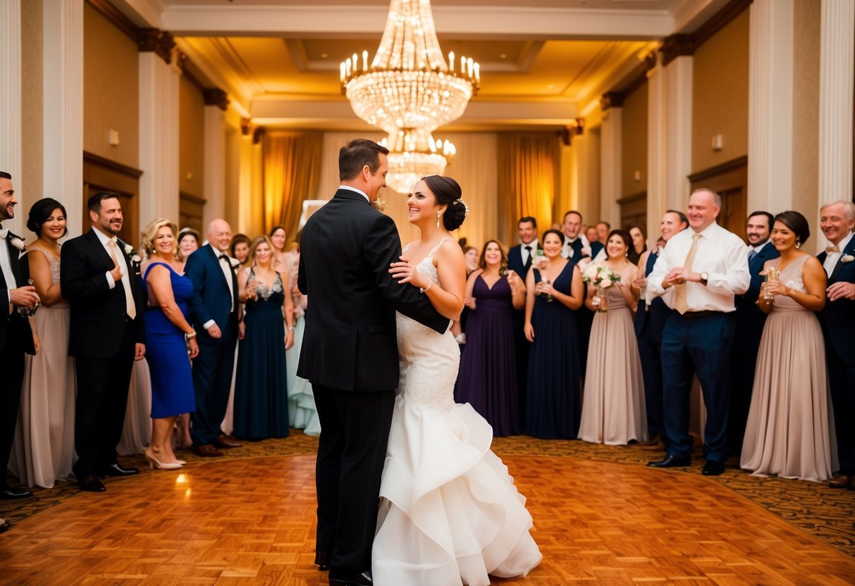 The ballroom is aglow with golden light as guests gather around the dance floor, eagerly awaiting the first dance at the wedding