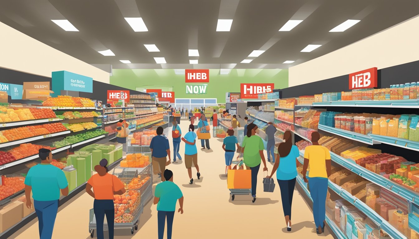 A bustling HEB store in Lubbock with a "Now Hiring" sign, busy employees, and a diverse group of shoppers browsing the aisles