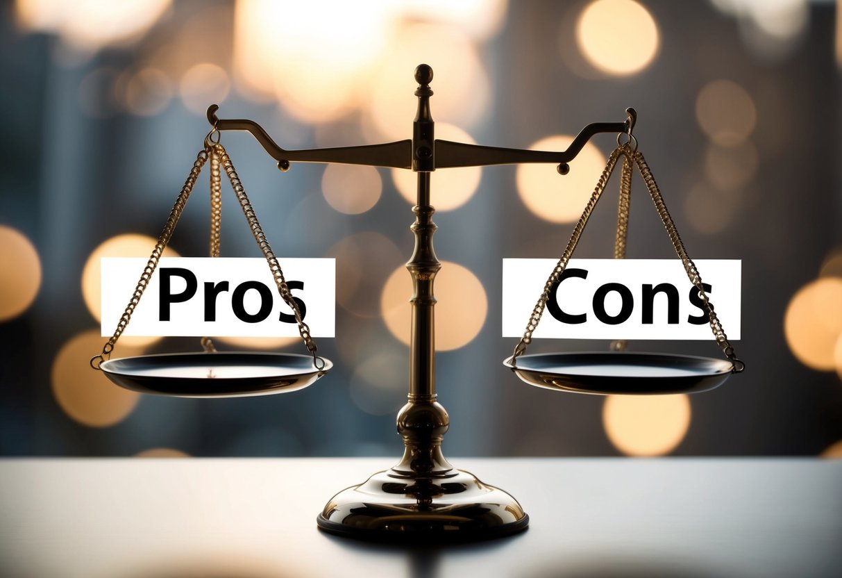 A scale with "pros" on one side and "cons" on the other, with two last names on each side, one hyphenated and one not