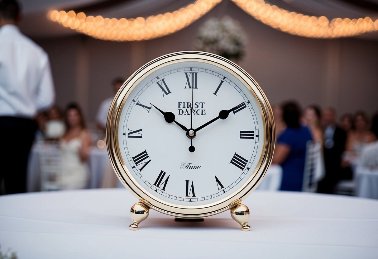 A clock showing the time of the first dance at a wedding reception