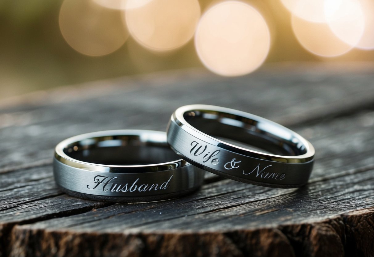 A couple's wedding bands on a rustic wooden surface, one engraved with the husband's last name and the other with the wife's last name
