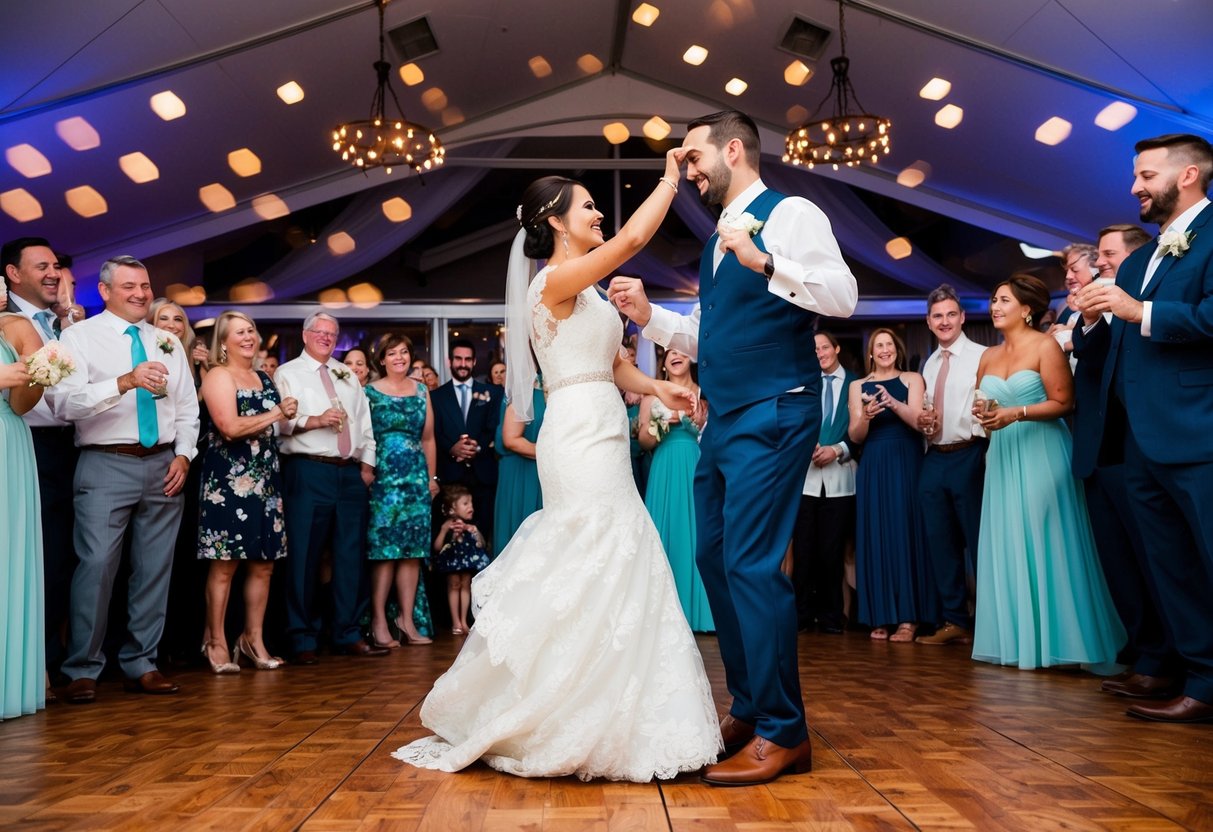 The newlyweds take the floor for their first dance as guests gather around to watch and celebrate