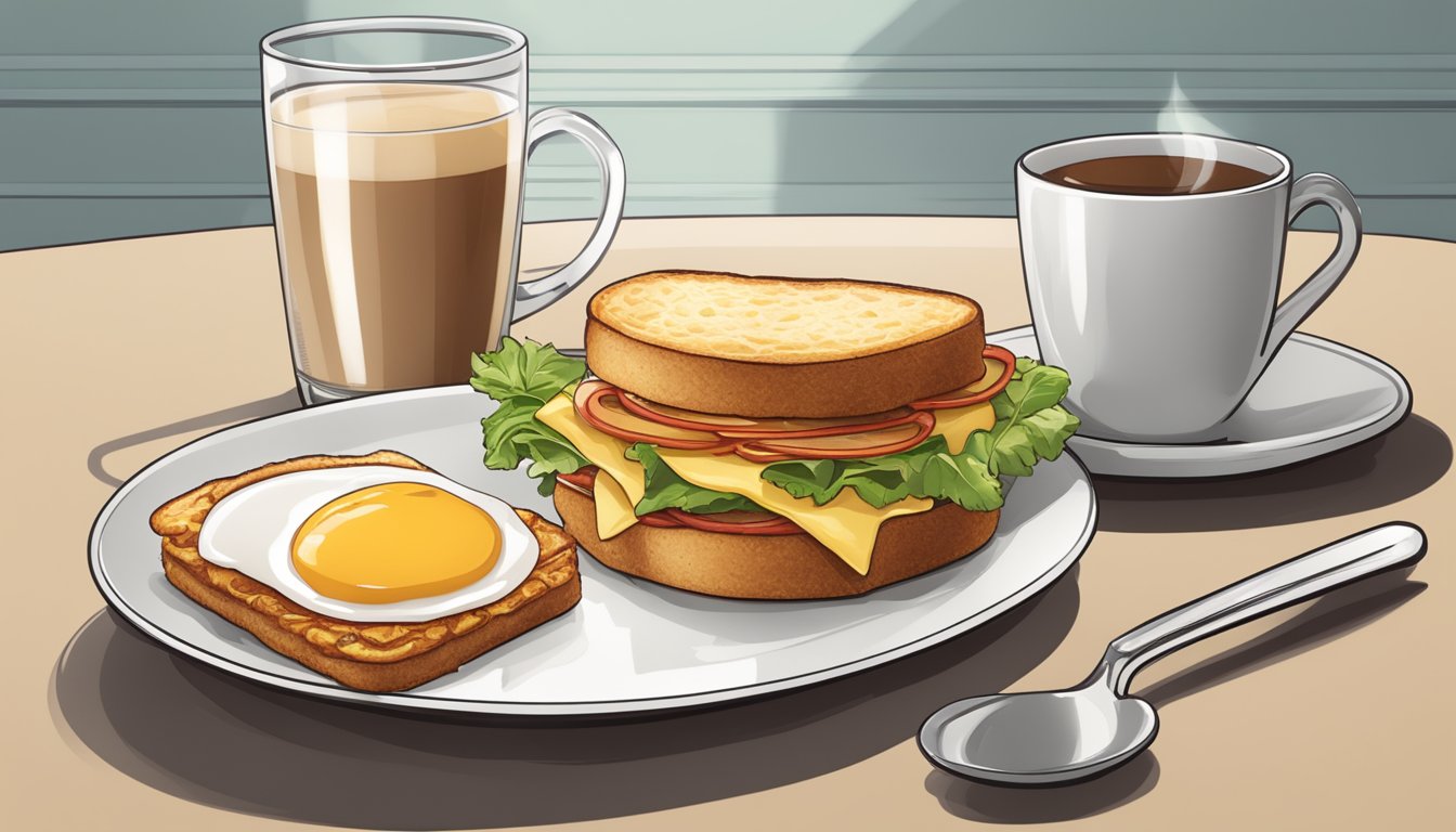 A breakfast sandwich with hash browns and a cup of coffee on a table