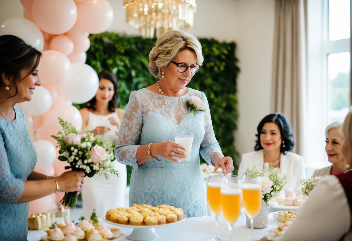 A mother of the bride organizes a bridal shower, arranging decorations and refreshments for the celebration