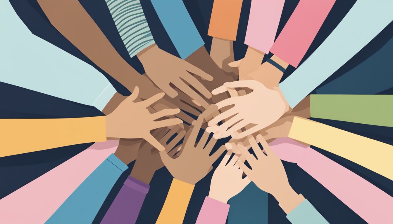 A group of interconnected hands reaching out to each other for support and assistance