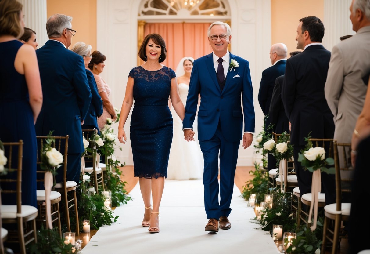 The two sets of parents walk down the aisle simultaneously