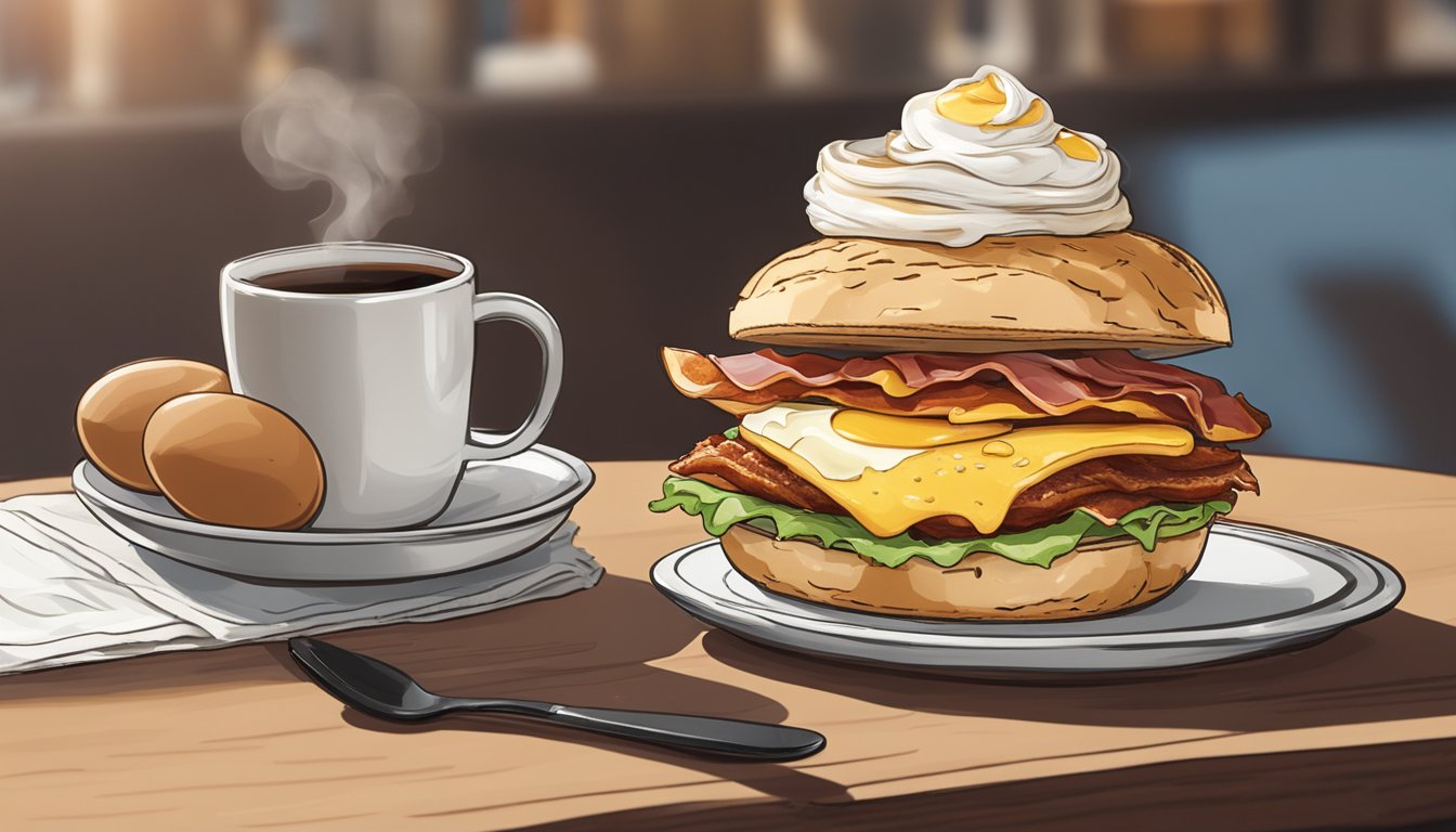 A steaming breakfast sandwich sits next to a hot cup of coffee on a table. The sandwich is filled with eggs, cheese, and bacon, while the coffee is topped with a dollop of cream