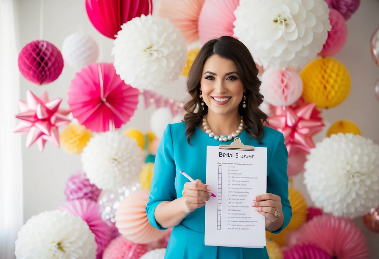 A woman surrounded by bridal shower decorations, holding a checklist and making plans