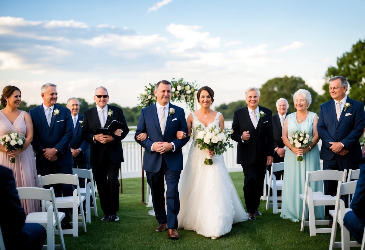 Parents lead the wedding procession, followed by any grandparents, then the officiant, and finally the wedding party