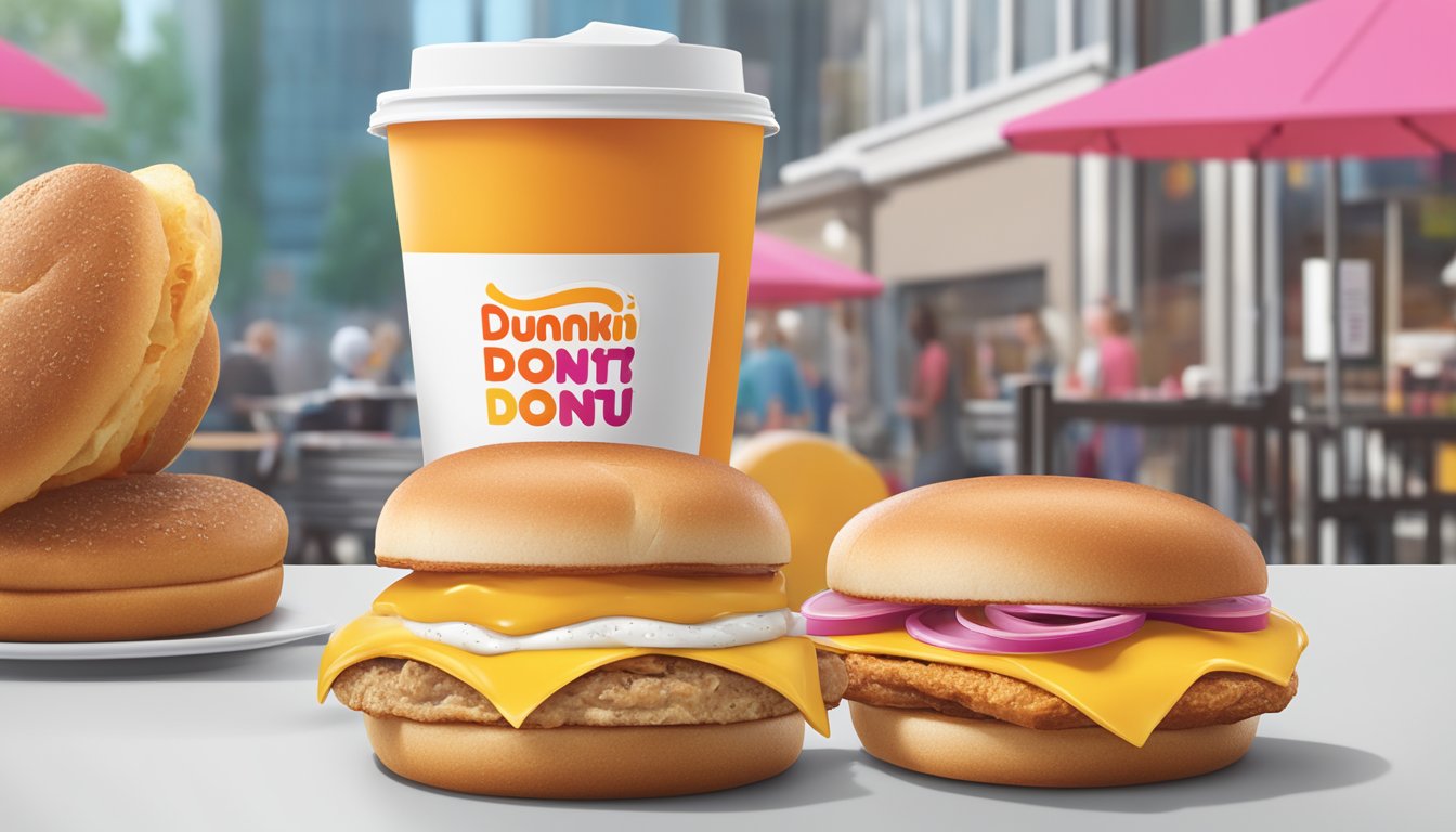 A breakfast sandwich with nutritional information and allergens displayed next to a Dunkin Donuts logo