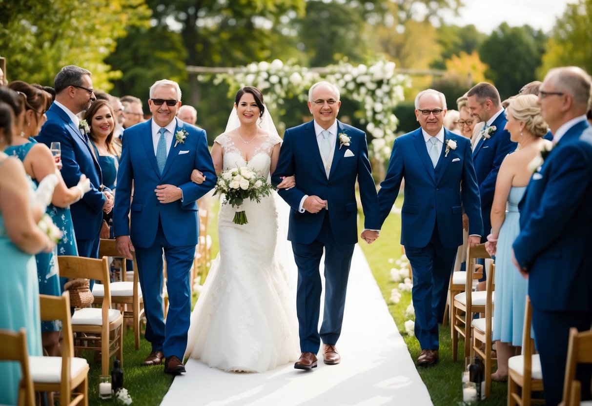 Parents walk down the aisle first, followed by the rest of the wedding party in a traditional procession