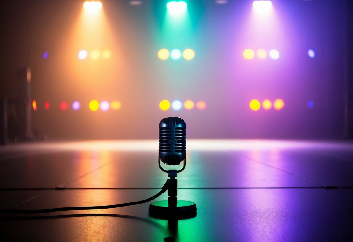 A spotlight shines on a solitary microphone stand on an empty stage, with colorful lights casting a vibrant glow