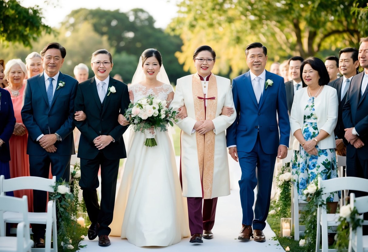 Parents from different cultures walk down the aisle first, followed by the bride and groom in a diverse wedding processional order