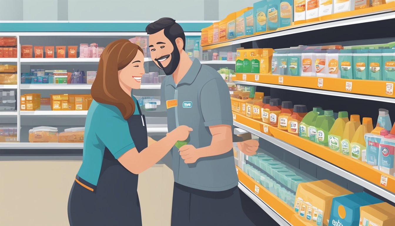 A customer smiling while receiving assistance from a helpful employee at a clean and organized HEB store