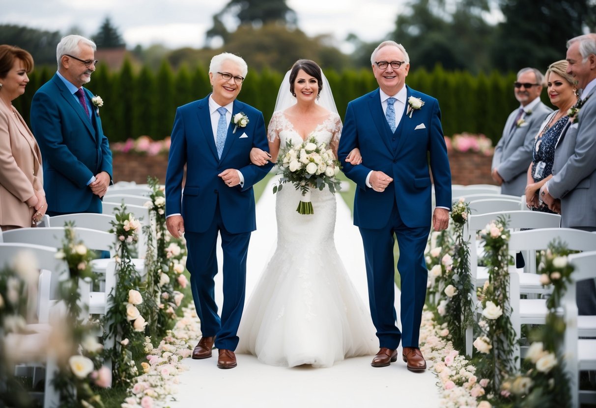 Both parents stand on either side of a flower-lined aisle, guiding the bride forward with smiles and pride