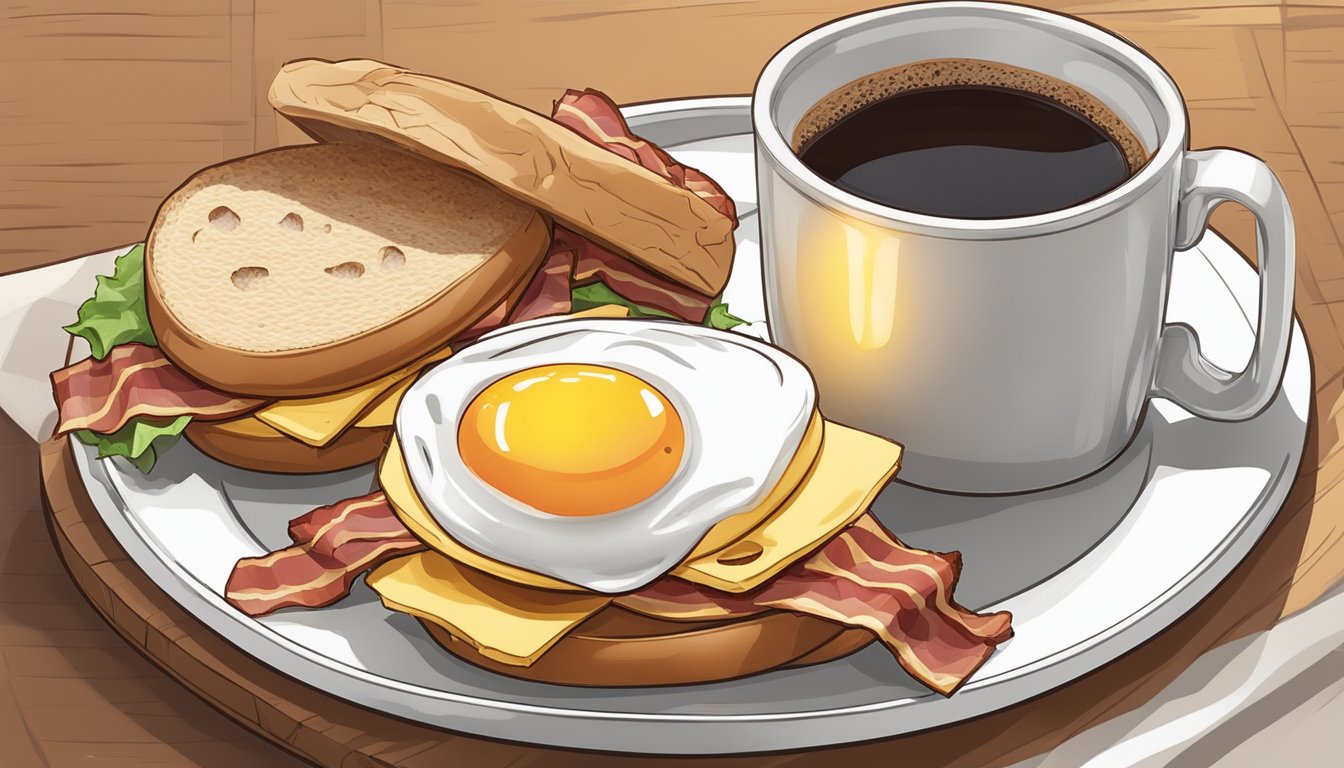 A breakfast sandwich on a bagel, with egg, cheese, and bacon, sits on a white plate next to a steaming cup of coffee