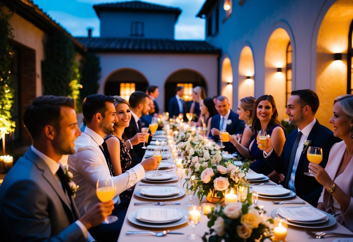 Guests mingle in a candlelit courtyard, sipping cocktails and chatting. A long table is set with elegant place settings and floral centerpieces