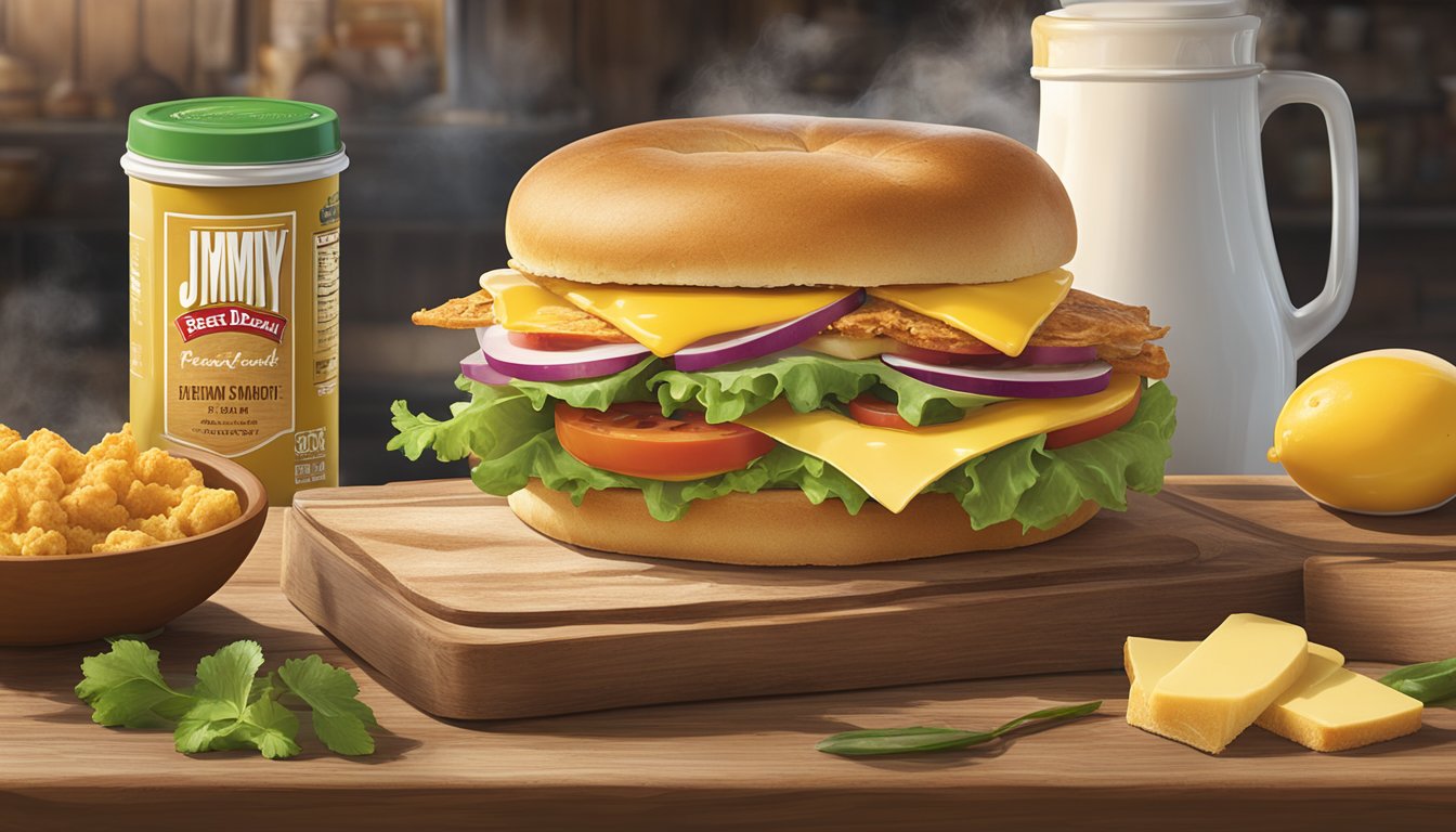 A steaming breakfast sandwich sits on a rustic wooden table, surrounded by fresh ingredients and the iconic Jimmy Dean logo