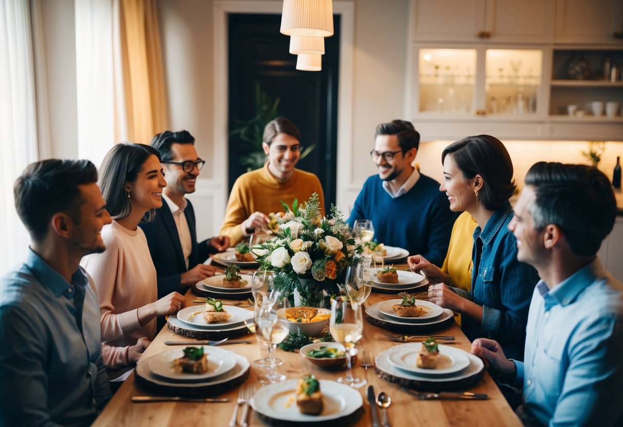 A group of people gather around a beautifully set table, enjoying a meal together in a warm and intimate setting