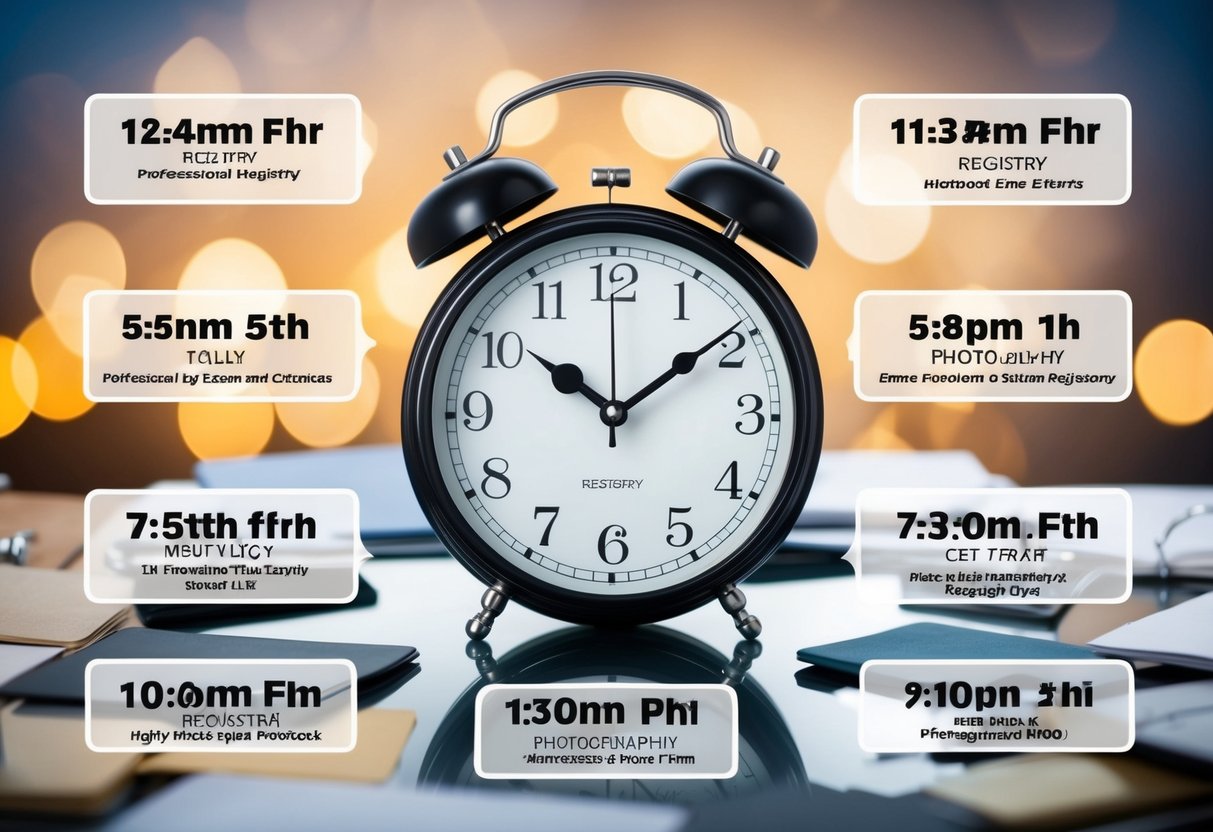 A clock surrounded by various events and occasions, with different times highlighted for sharing a registry