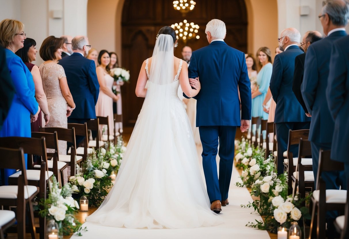 Both parents stand at the start of the aisle, holding the bride's arms as they walk her towards the altar