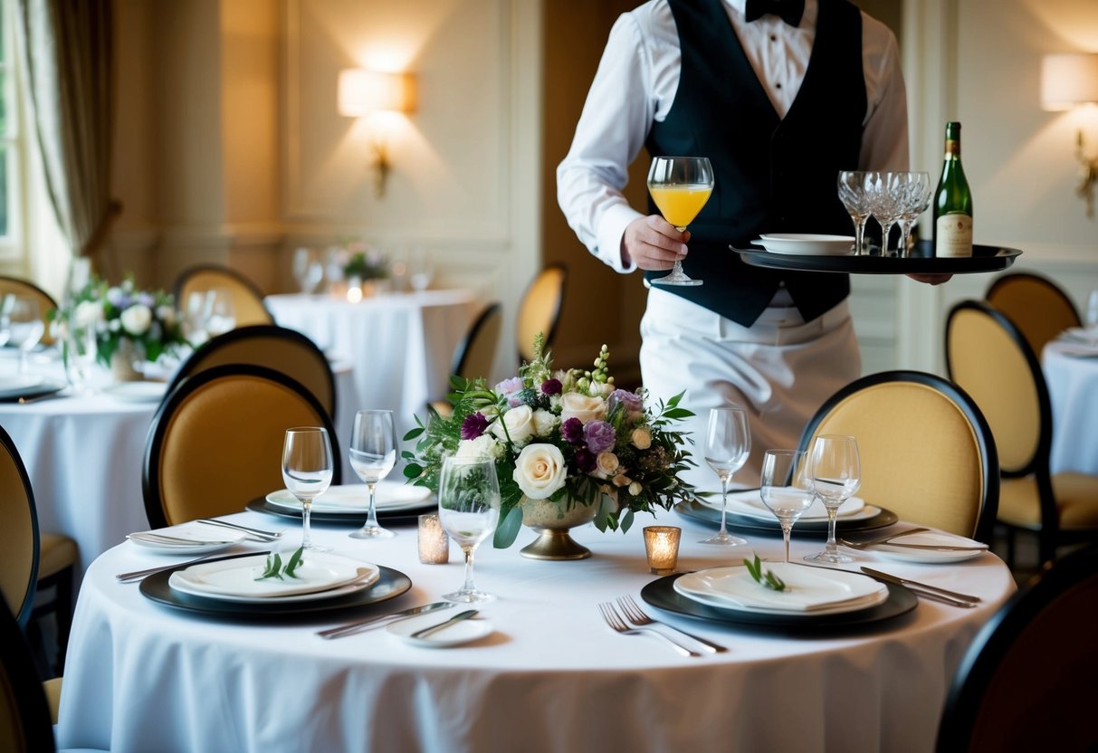 A table set with elegant place settings and a floral centerpiece, surrounded by chairs. A waiter carrying a tray of drinks