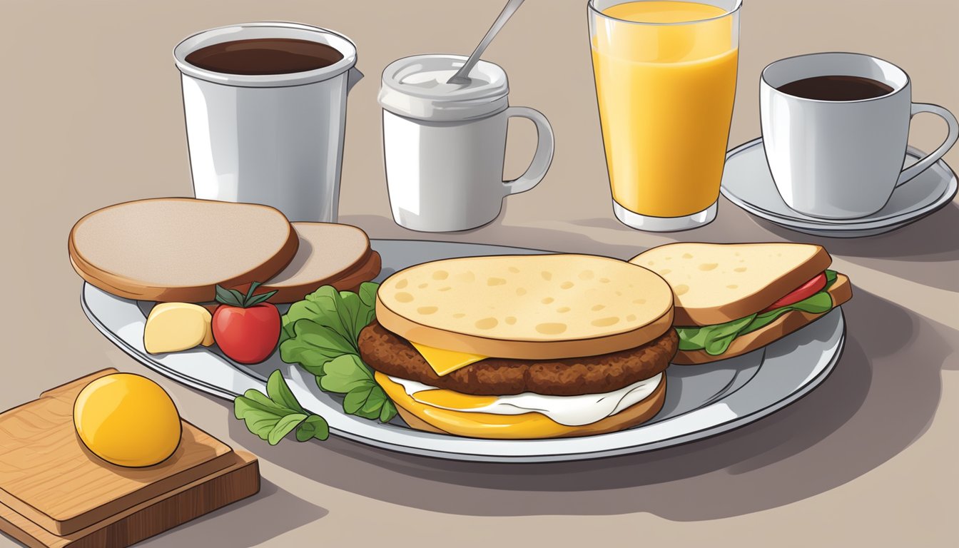 A breakfast sandwich being assembled with Jimmy Dean sausage, egg, and cheese, then served on a plate with a side of fresh fruit