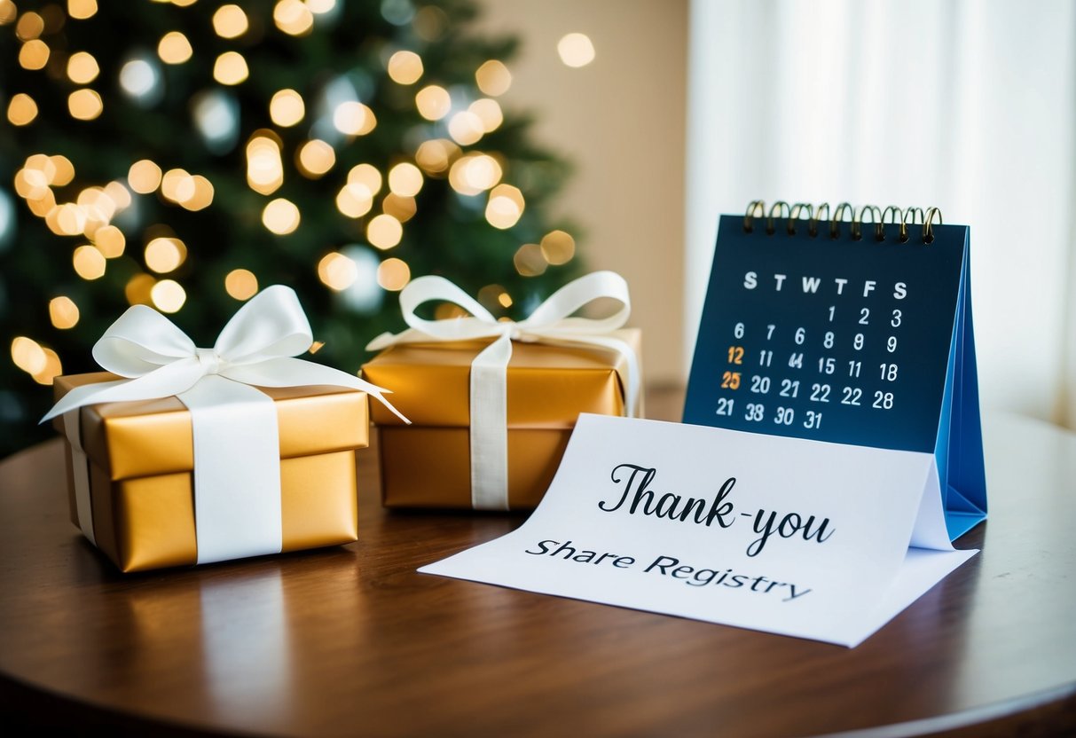 A table with gifts, a thank-you note, and a calendar indicating "Share Registry" date
