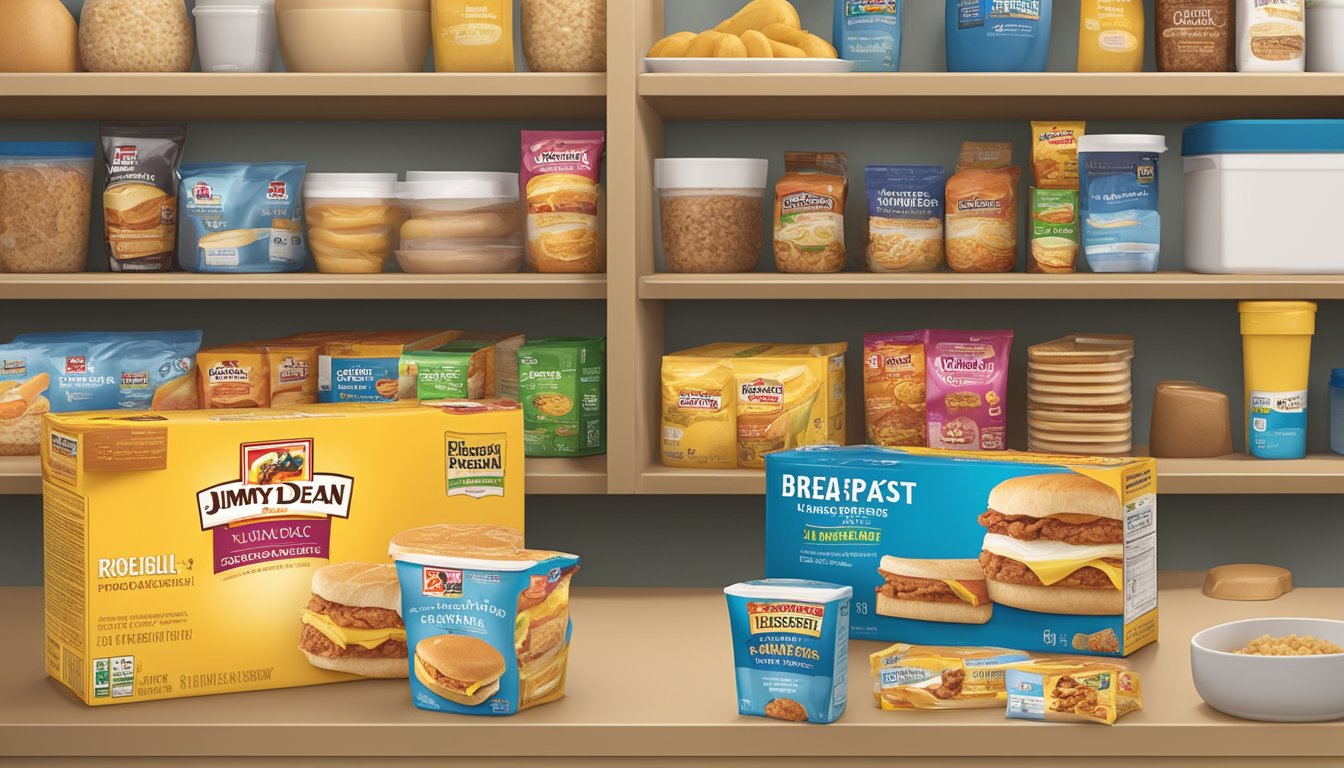 A breakfast sandwich package by Jimmy Dean sits on a shelf in a pantry, surrounded by other food items