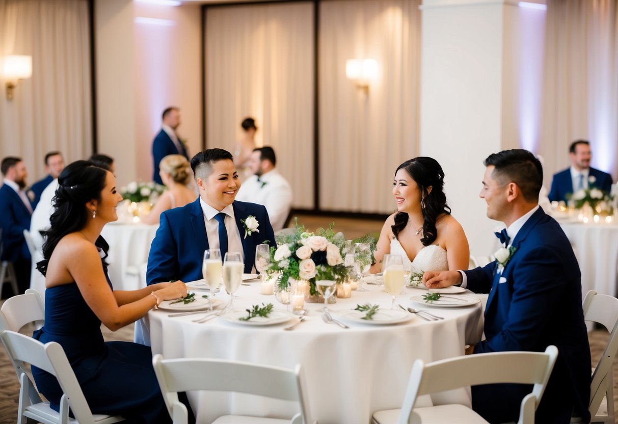 A wedding reception scene with tables set for couples, some sitting next to each other and others sitting across from each other