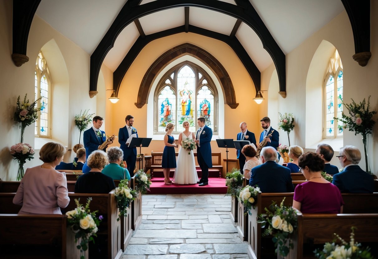 A group gathers in a quaint English church, arranging flowers and practicing music for the upcoming wedding