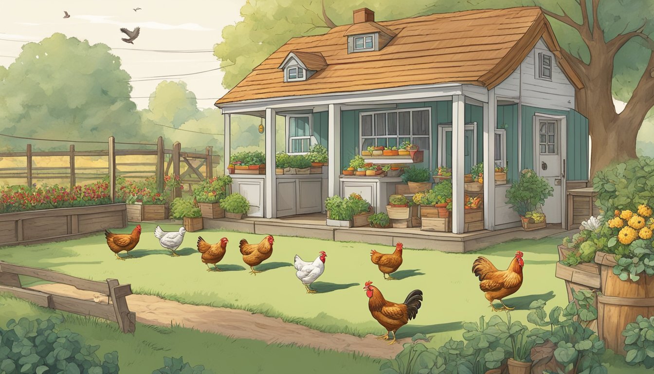 A farm scene with chickens roaming freely, a sustainable garden, and a compost bin next to a small, ethical breakfast sandwich shop