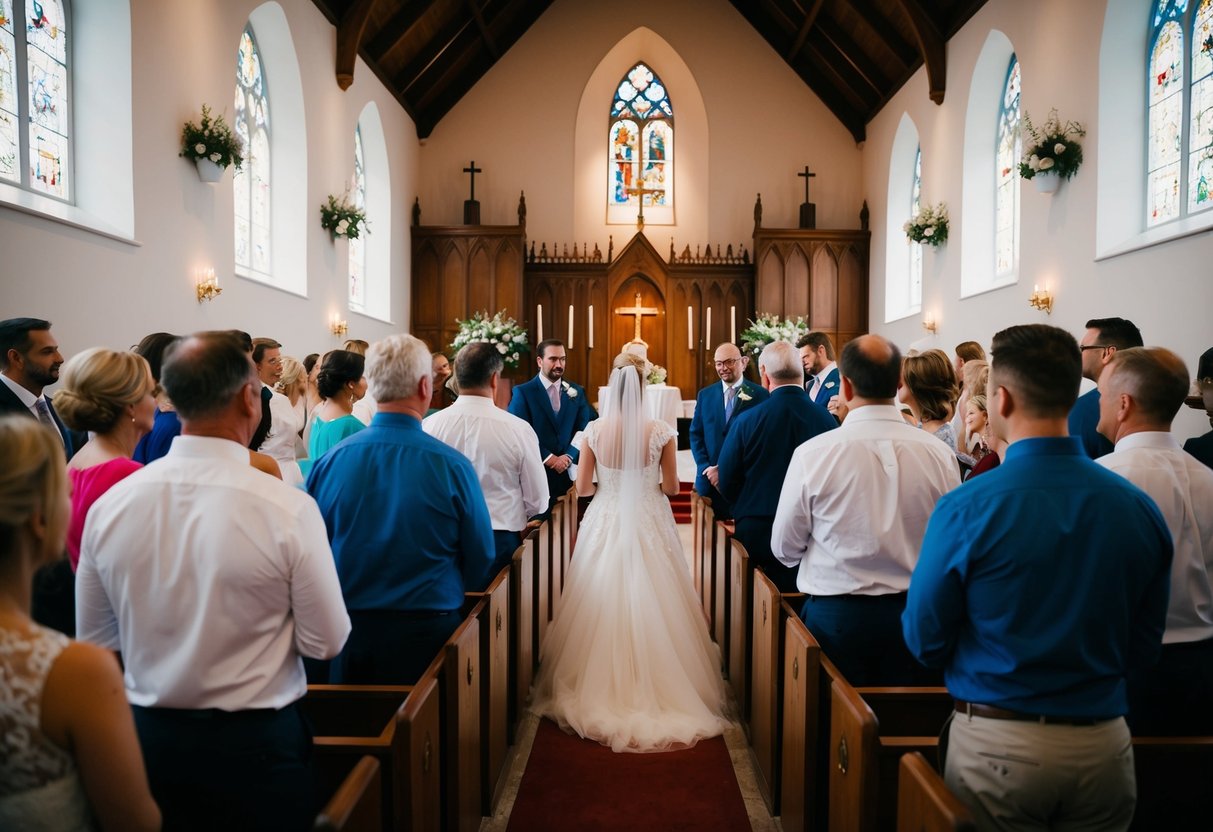 A group of people gathers in a church, practicing their roles for an upcoming wedding ceremony
