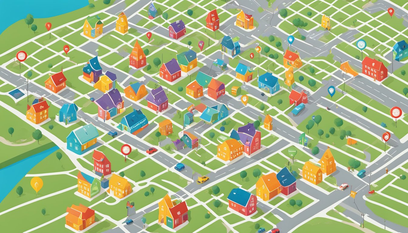 A colorful map with pins marking various H-E-B locations across a city