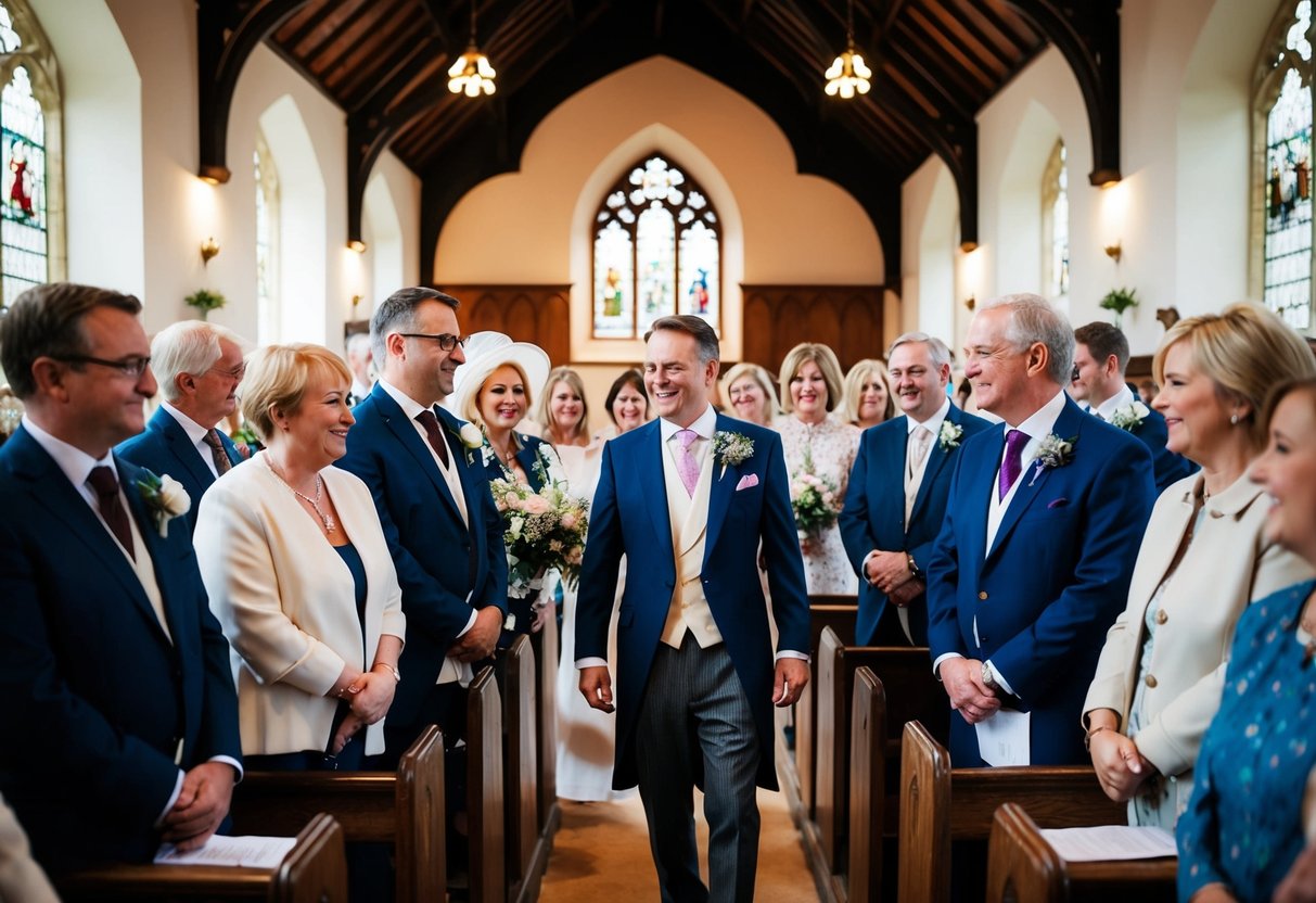 A group of family and close friends gather in a quaint church in the UK for a wedding rehearsal. The atmosphere is filled with excitement and anticipation as they go through the motions of the ceremony