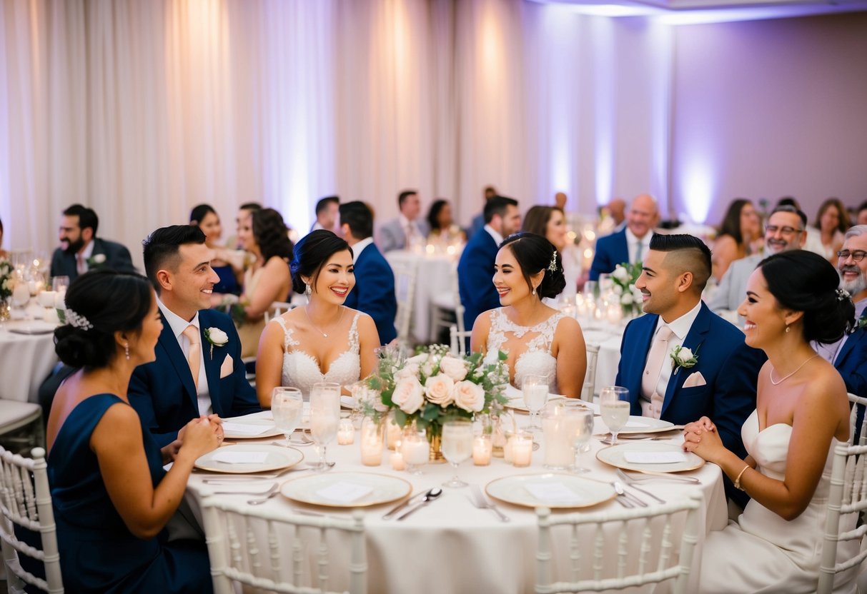 A wedding reception with round tables, some couples sitting next to each other, others sitting across, all enjoying the celebration