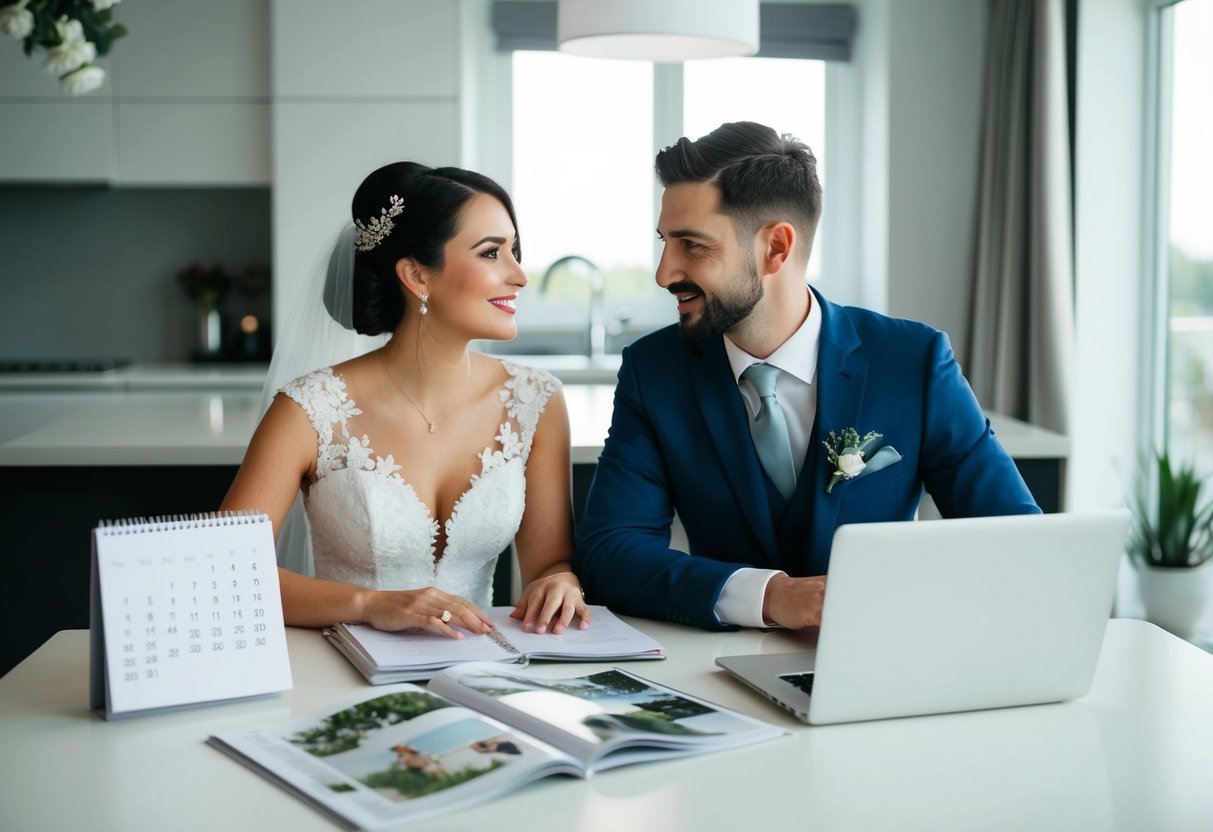 A couple sitting at a table with a calendar, wedding magazines, and a laptop, discussing and planning their wedding