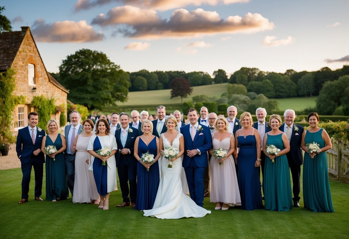 A group of elegantly dressed guests gather at a charming countryside venue for the wedding rehearsal dinner in the UK