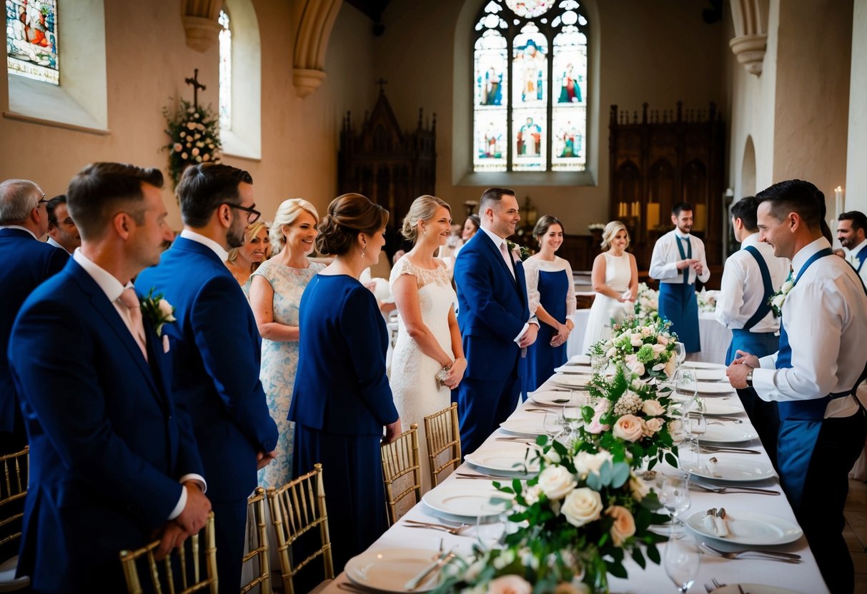 Guests and wedding party gather in a historic church for the final rehearsal. The florist arranges bouquets while the caterers set up a banquet table