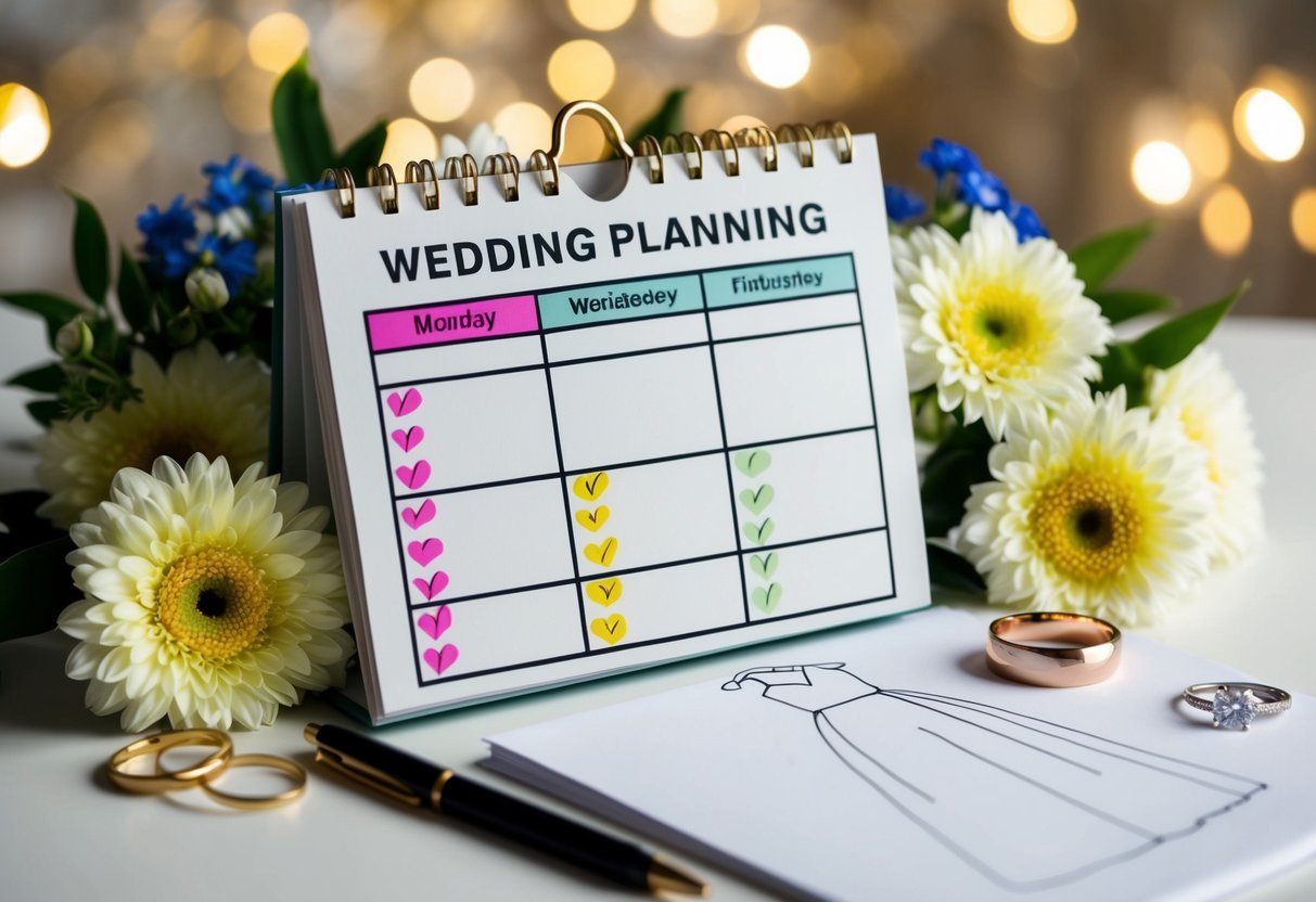 A calendar with wedding planning tasks marked in different colors, surrounded by flowers, rings, and a wedding dress sketch