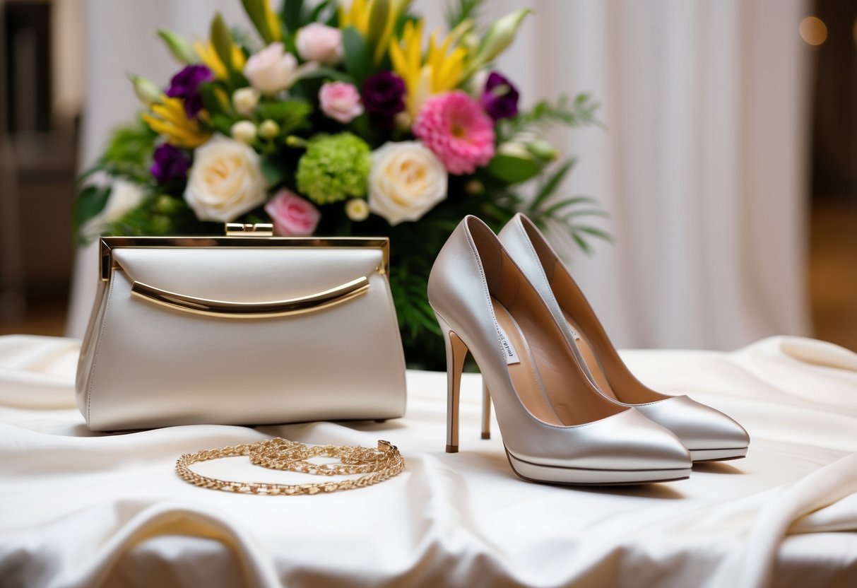A pair of elegant high-heeled shoes and a matching handbag displayed on a white silk fabric with a floral arrangement in the background