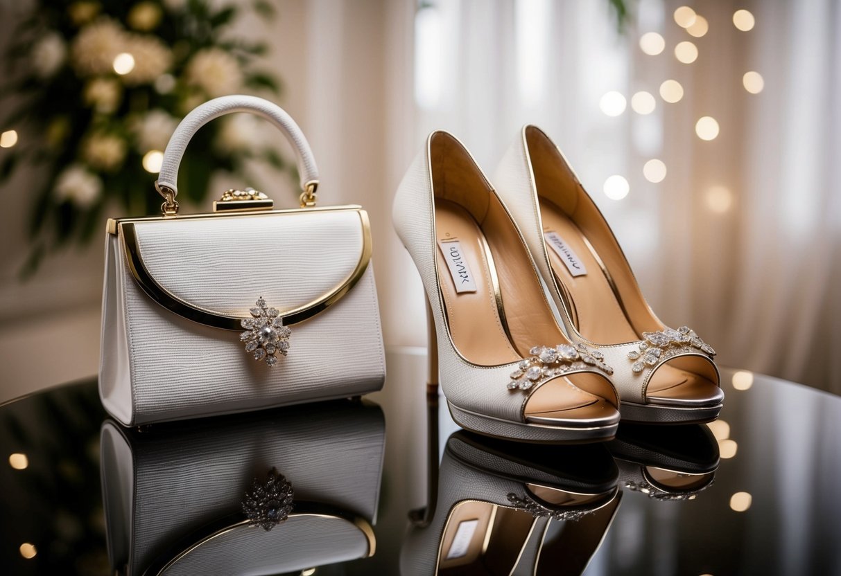 A pair of elegant shoes and a matching handbag displayed on a luxurious background, hinting at a wedding setting