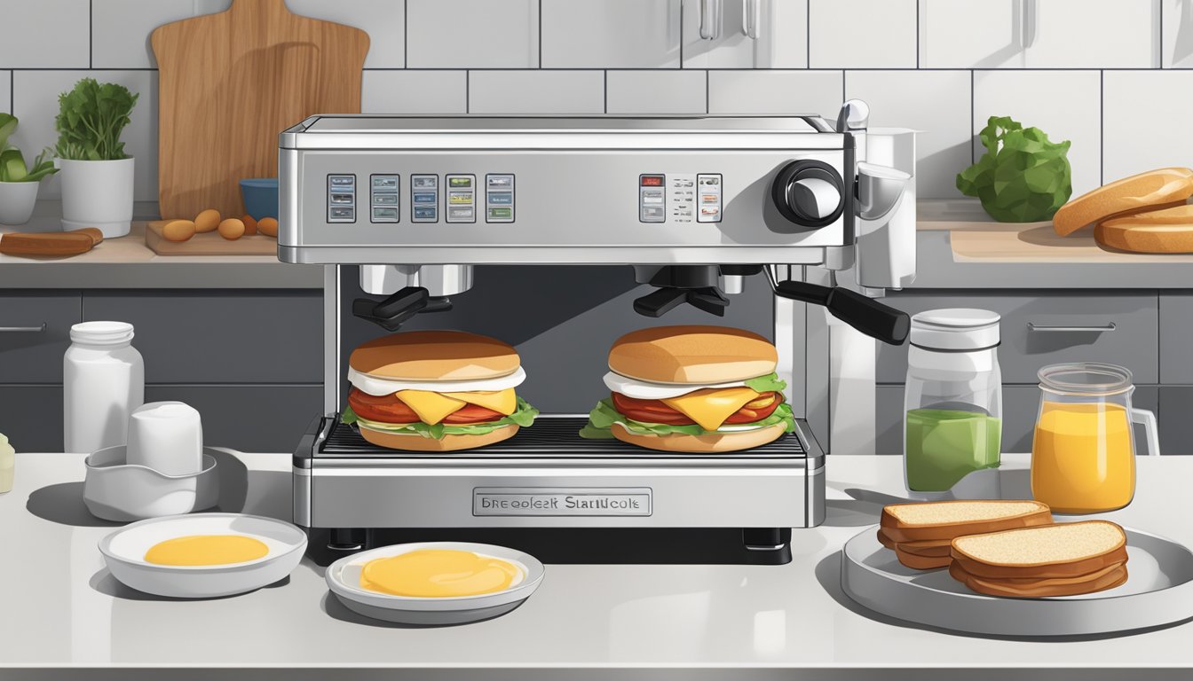 A breakfast sandwich machine sits on a clean countertop, ready for use. Ingredients are neatly arranged nearby for easy access