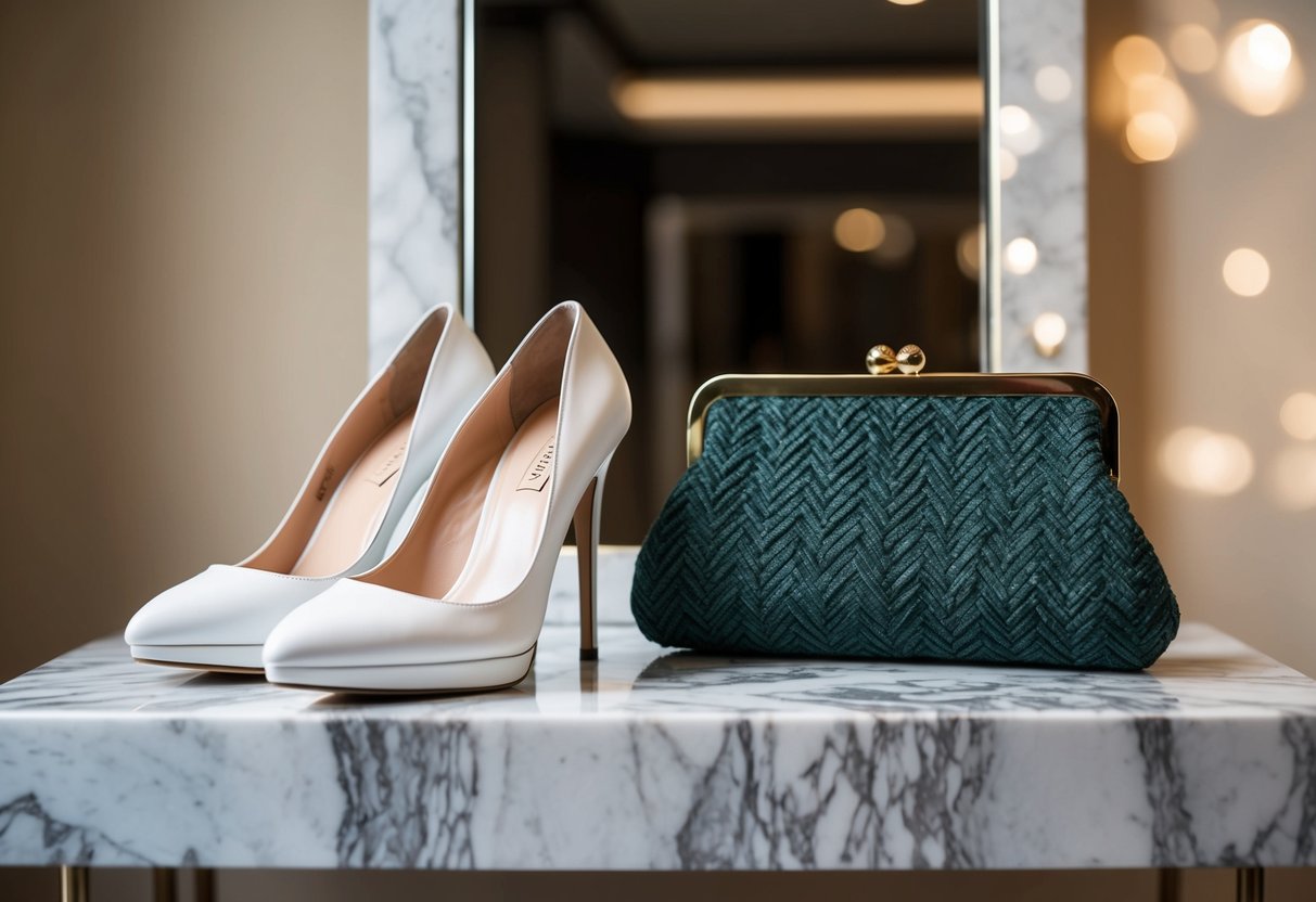 A pair of elegant high-heeled shoes and a matching clutch handbag displayed on a marble table in front of a mirror