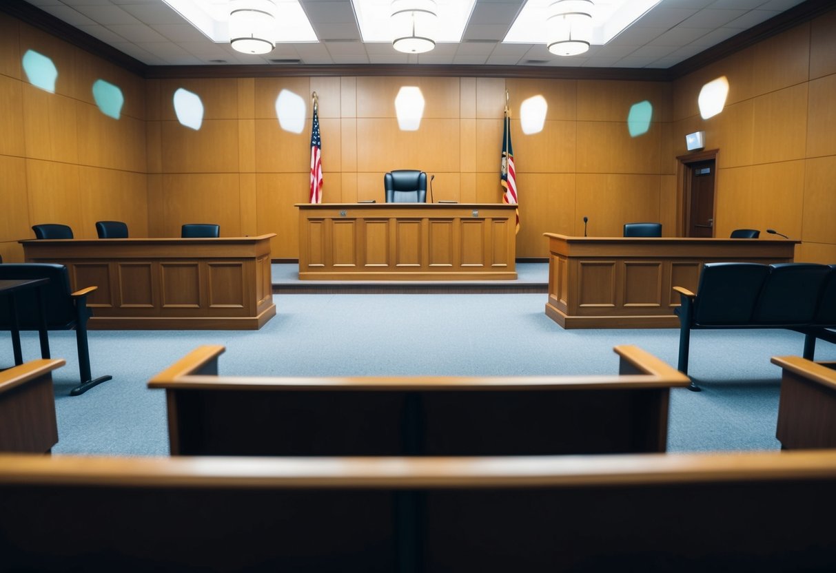 An empty courtroom with a judge's bench and witness stand