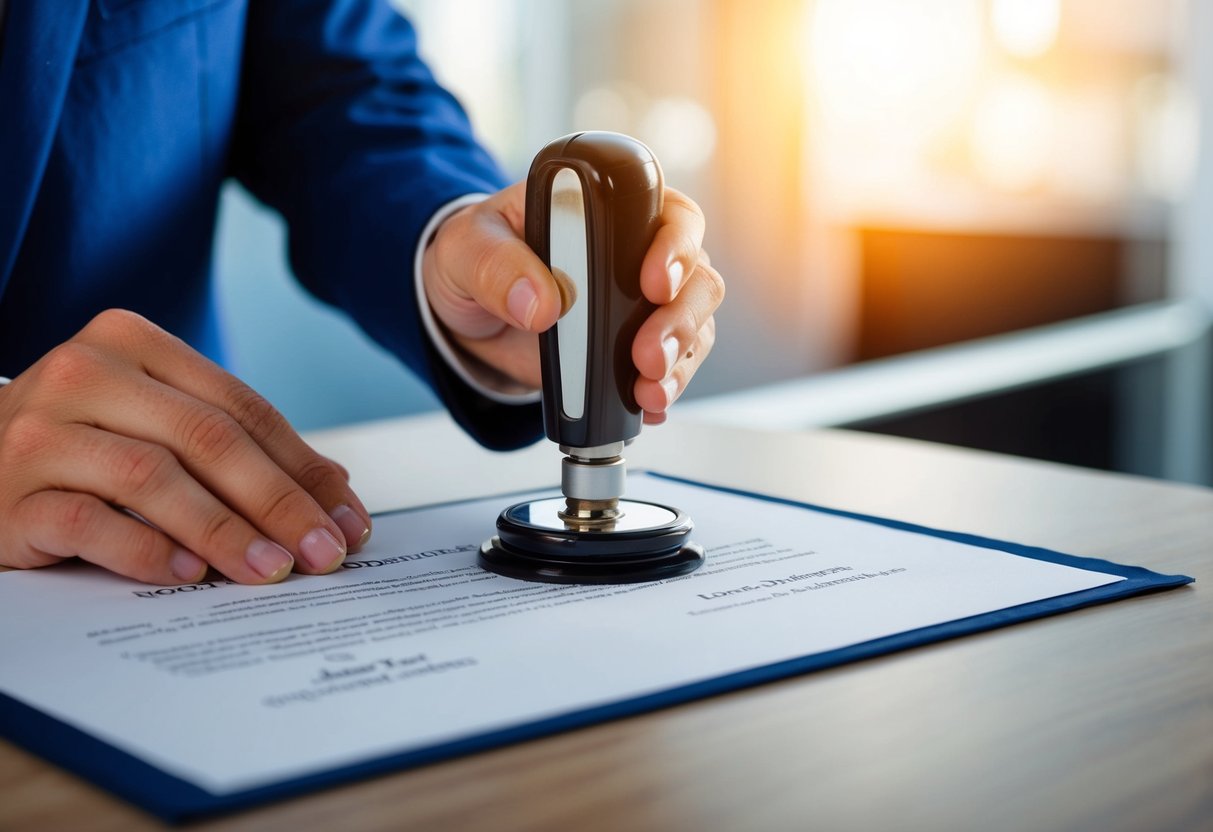 A notary stamping and sealing a legal document