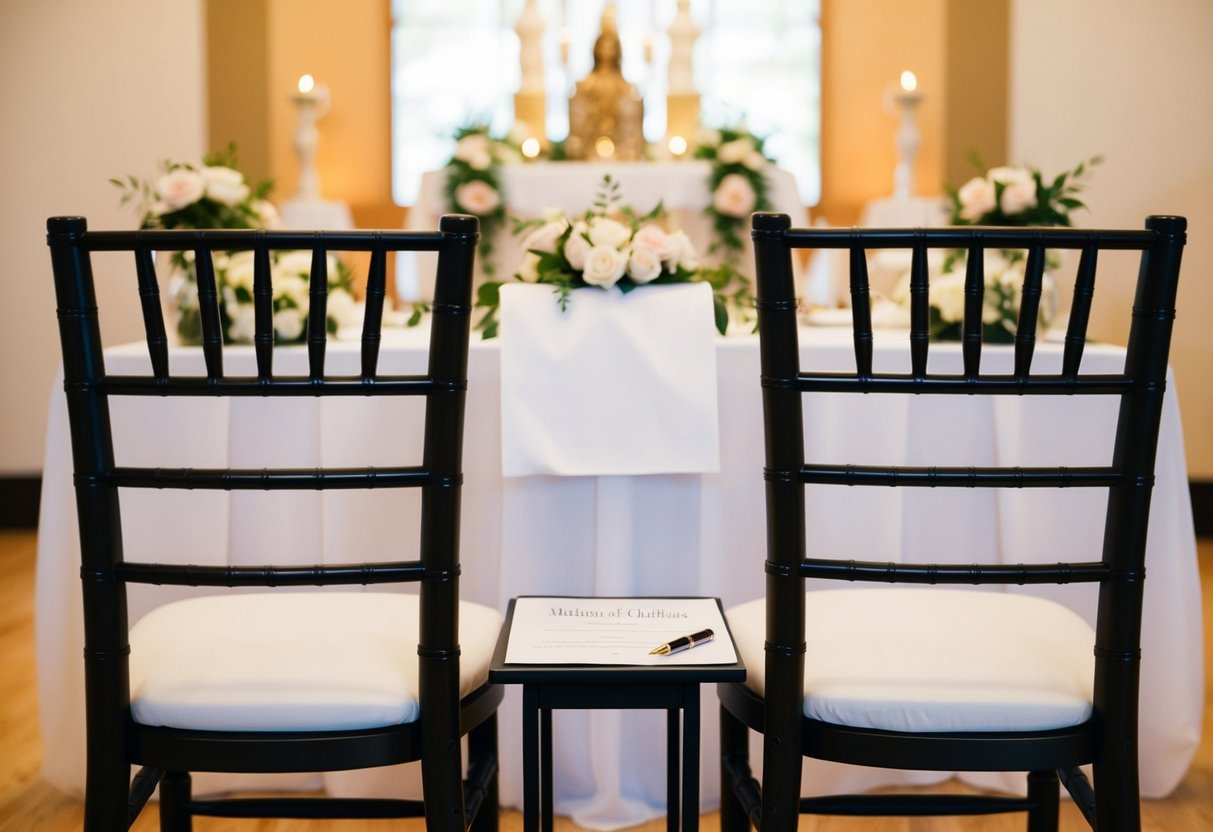 Two empty chairs facing each other with a wedding altar in the background. A pen and a blank marriage certificate on a small table between the chairs