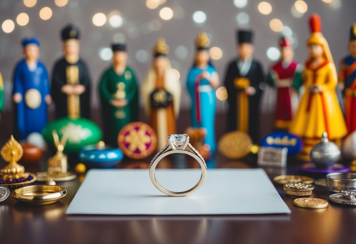 A wedding ring placed on a table, surrounded by a diverse array of symbolic objects representing different cultures and traditions