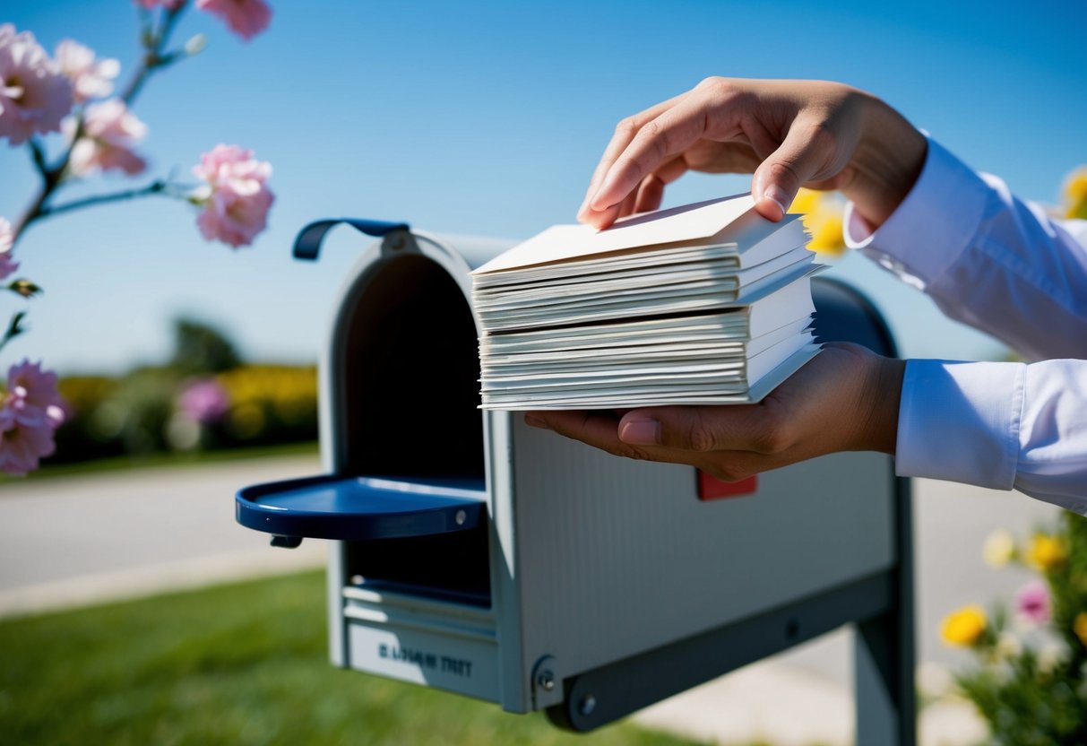 A hand reaching out to place a stack of elegant wedding invitations into a mailbox, with a background of blooming flowers and a clear blue sky